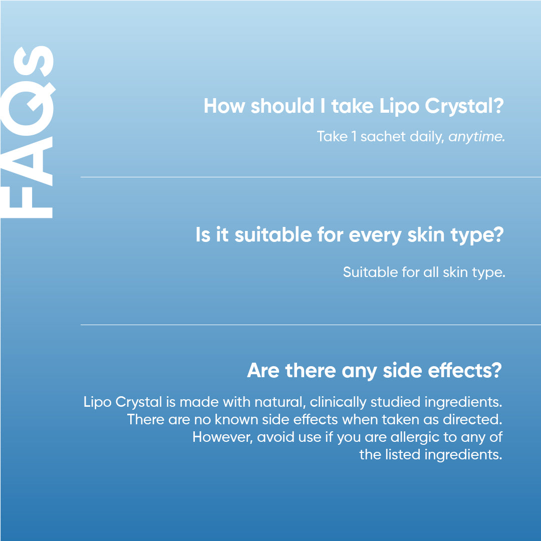 FAQ section for Lipo Crystal beauty supplement covering usage, skin suitability, and side effects.