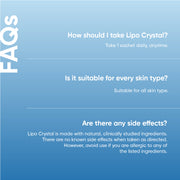 FAQ section for Lipo Crystal beauty supplement covering usage, skin suitability, and side effects.